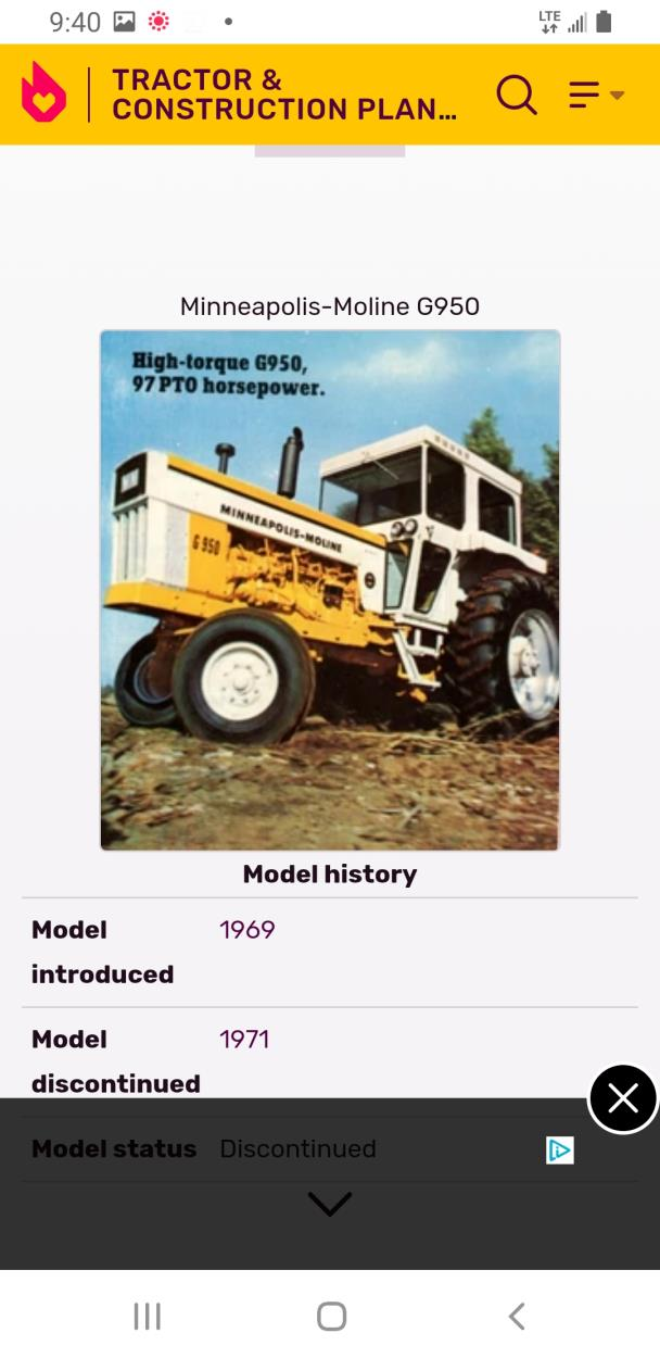 Equipment Movers 1969 Minneapolis Moline G950 Tractor w/Cab to Zolfo